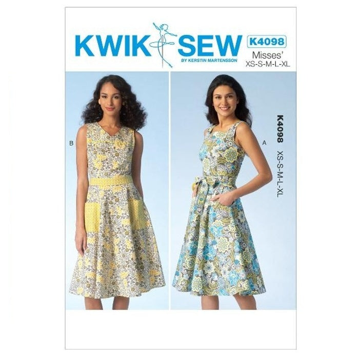 Sewing pattern cover with misses A-line dress with belt.