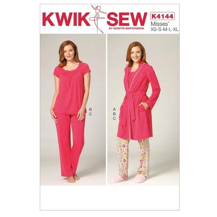 Sewing pattern cover with misses pyjamas and robe in  bright red.