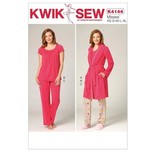 Sewing pattern cover with misses pyjamas and robe in  bright red.