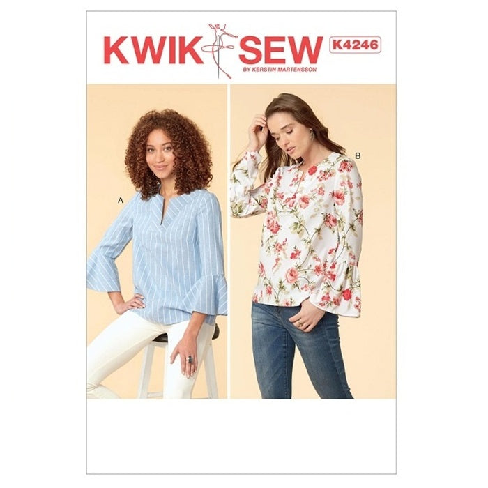 Sewing pattern cover with misses split neck top and flared sleeves.