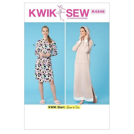 Sewing pattern cover with misses hooded dress in two lengths.