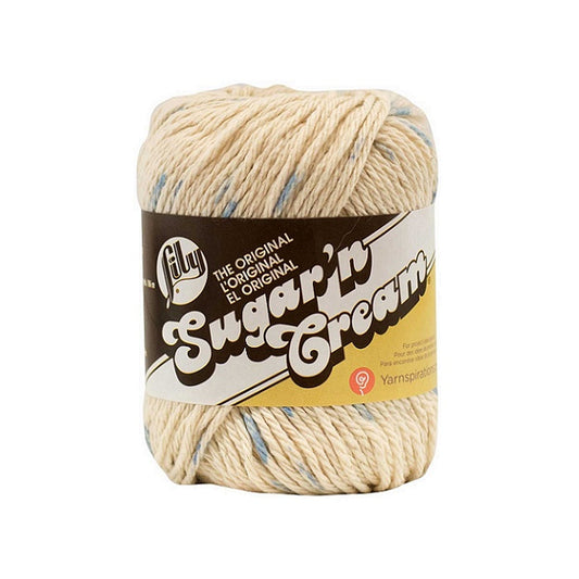 Ball of cream and blue yarn with Lily Sugar'n Cream branding.