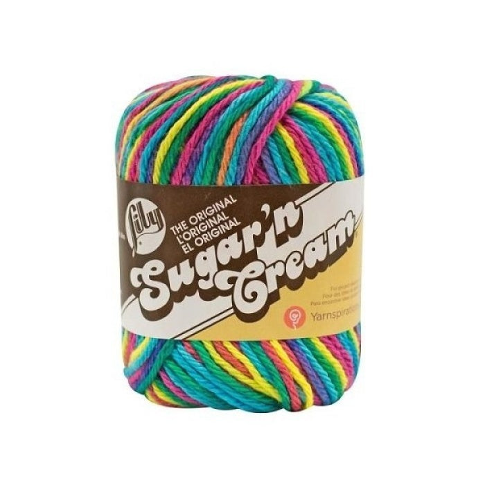 Ball of bright multi coloured yarn with Lily Sugar'n Cream branding.