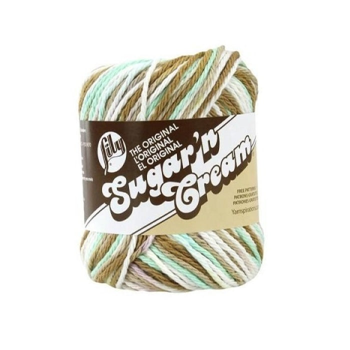Ball of green, olive, beige and white yarn with Lily Sugar'n Cream branding.