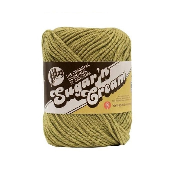 Ball of olive green yarn with Lily Sugar'n Cream branding.
