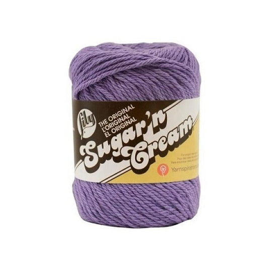 Ball of purple yarn with Lily Sugar'n Cream branding.