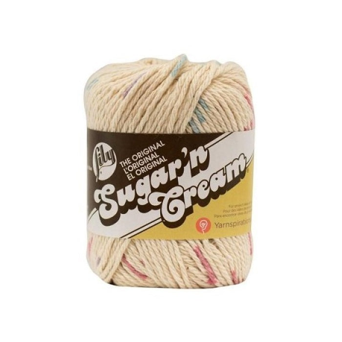 Ball of cream, pink and blue yarn with Lily Sugar'n Cream branding.