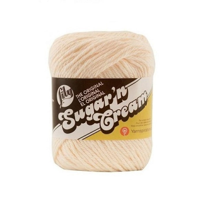 Ball of cream yarn with Lily Sugar'n Cream branding.