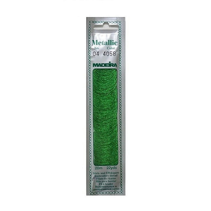 Pack of green metallic embroidery floss with Madeira branding.