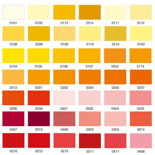 Colour swatch chart with various shades of yellow, orange, red and pink.