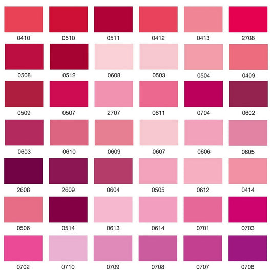 Colour swatch chart with various shades of pink and red.