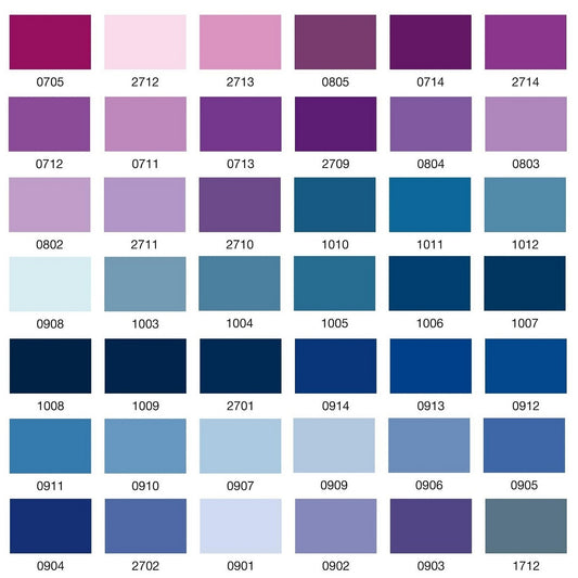 Colour swatch chart with various shades of pink, blue and purple.