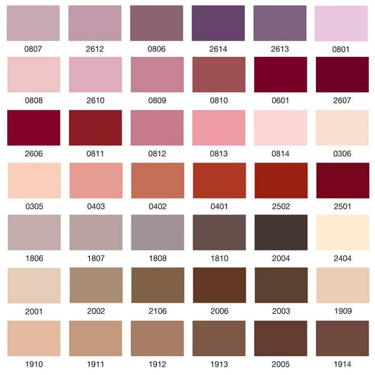 Colour swatch chart with various shades of purple, pink, red and brown.