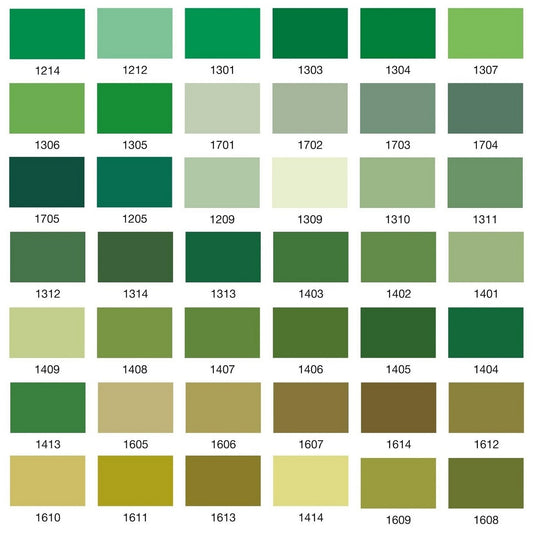 Colour swatch chart with various shades of green and olive.