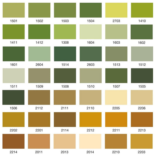 Colour swatch chart with various shades of green, brown and beige.