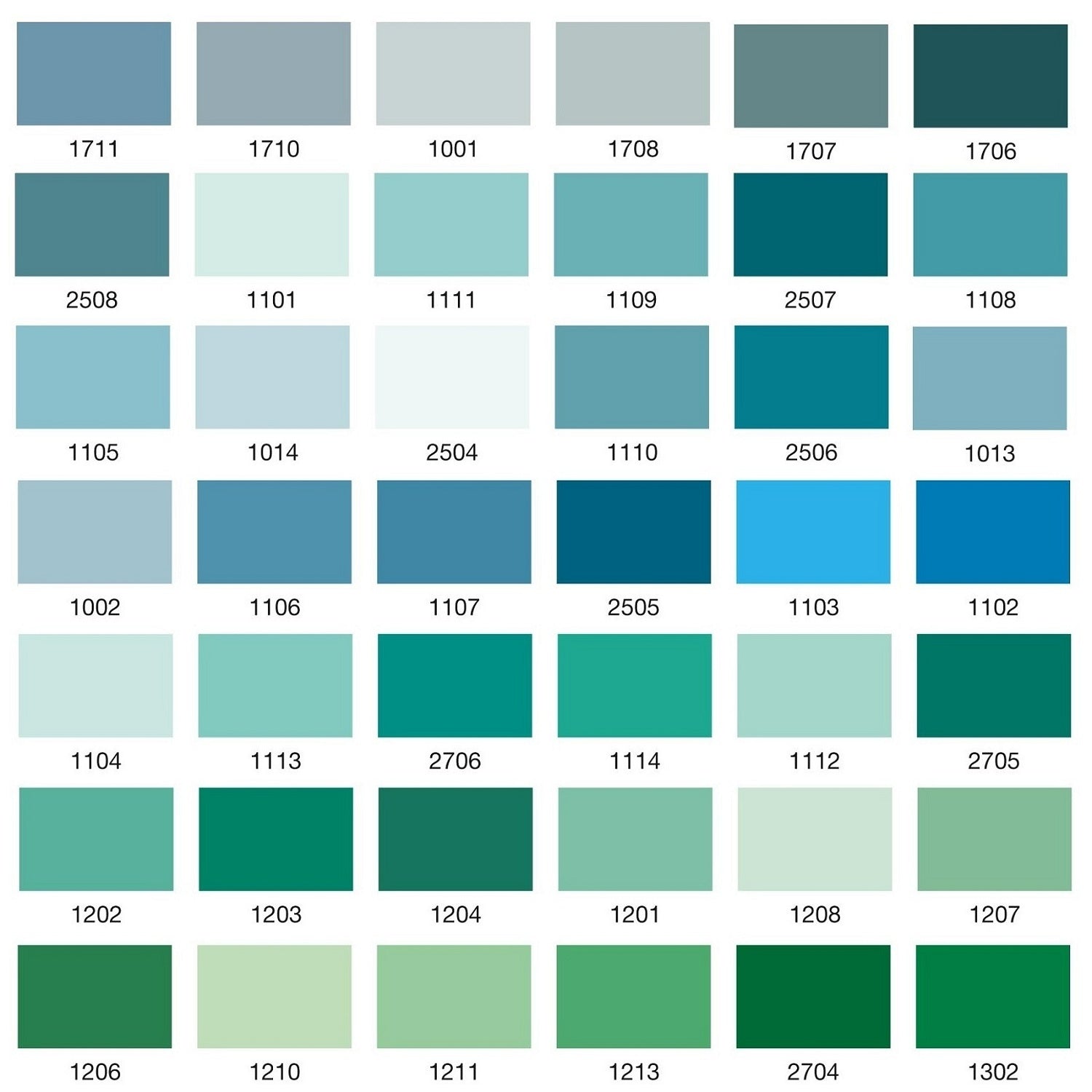 Colour swatch chart with various shades of blue, green and grey.