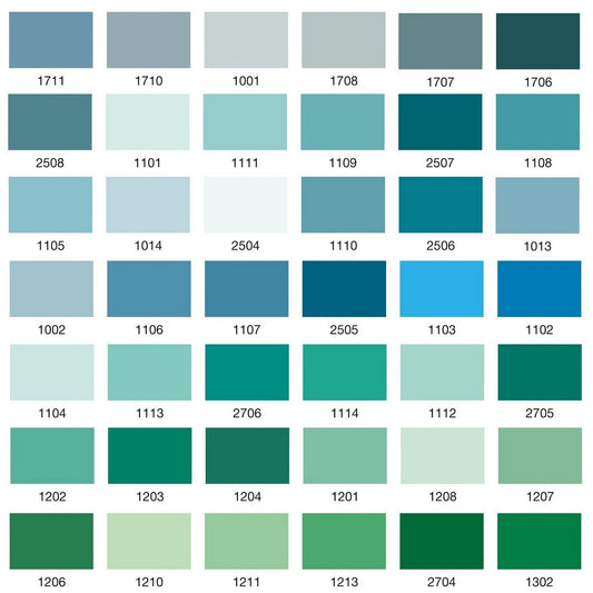 Colour swatch chart with various shades of blue, green and grey.
