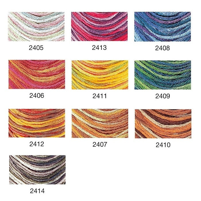 Colour swatch chart of variegated thread.