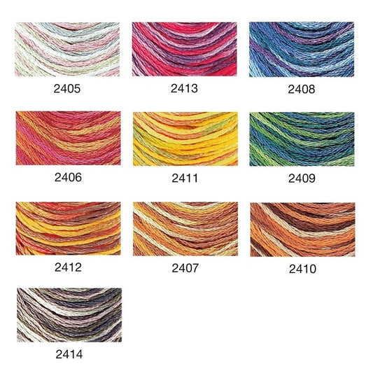 Colour swatch chart of variegated thread.