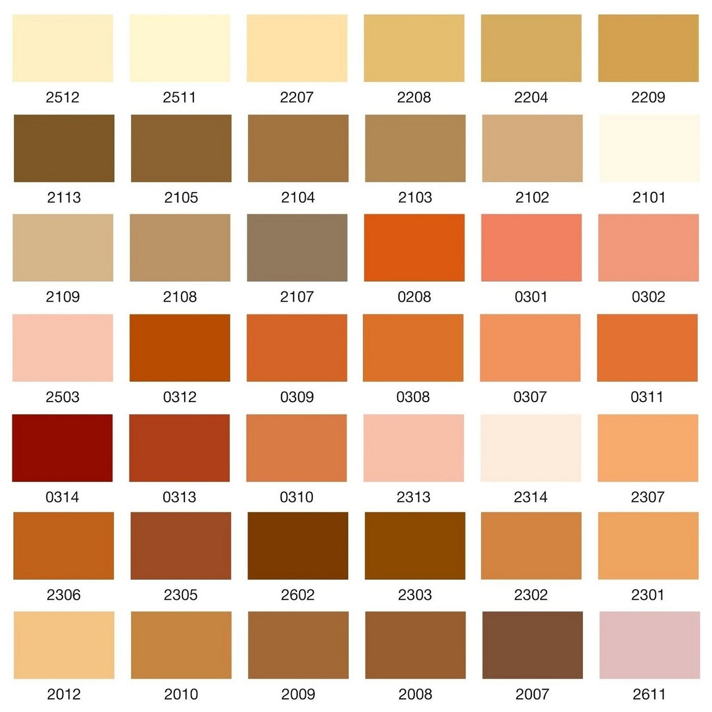 Colour swatch chart with various shades of brown, orange and red.