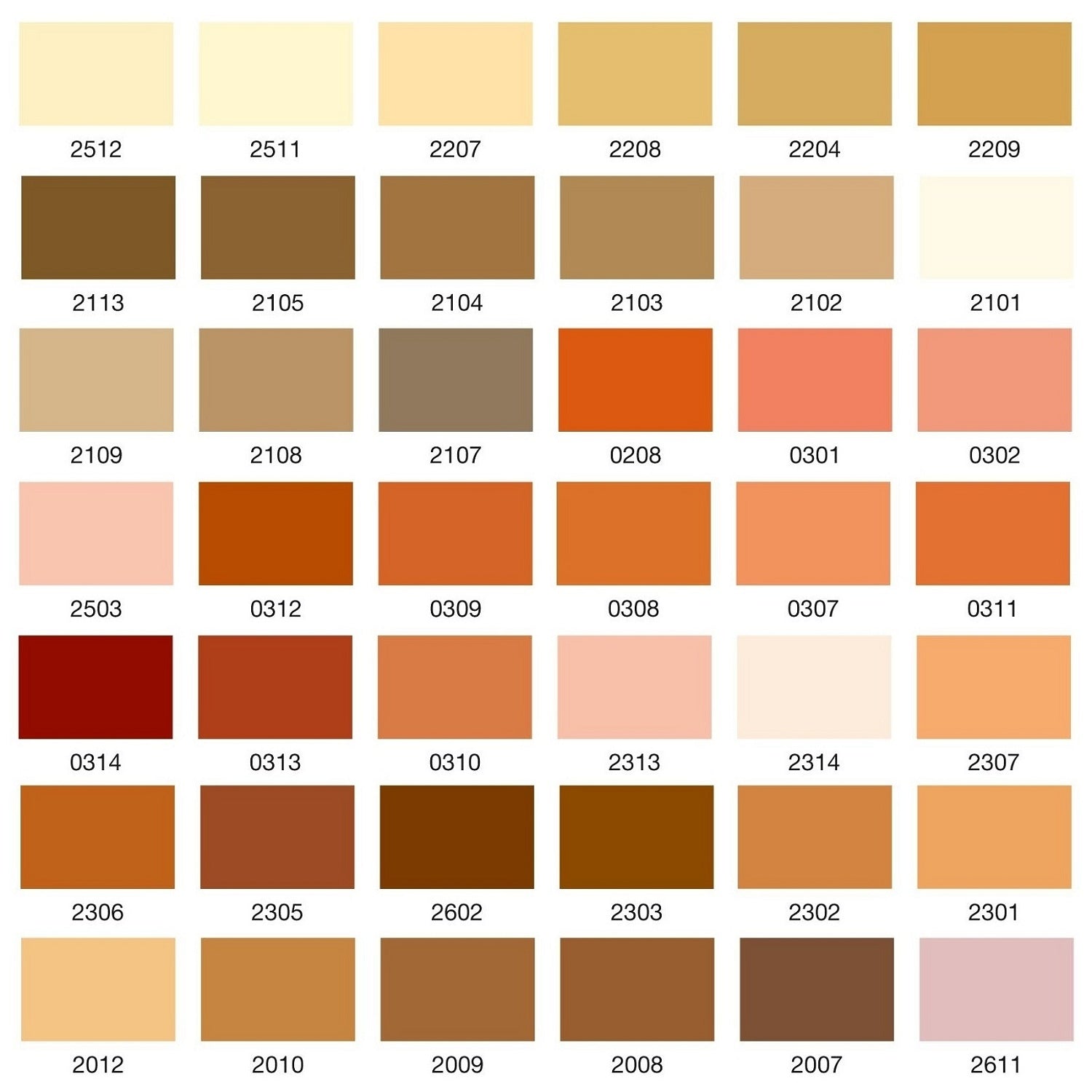 Colour swatch chart with various shades of brown, orange and red.