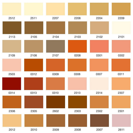 Colour swatch chart with various shades of brown, orange and red.