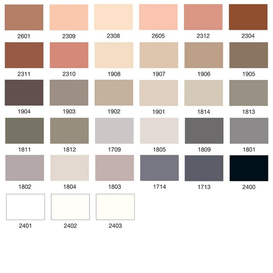 Colour swatch chart with various shades of brown, beige and grey.