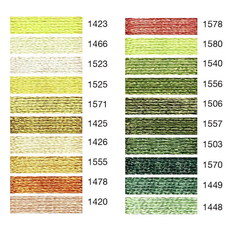 Colour swatch chart with shades of gold and green.