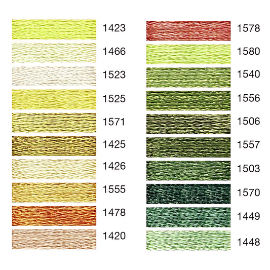 Colour swatch chart with shades of gold and green.