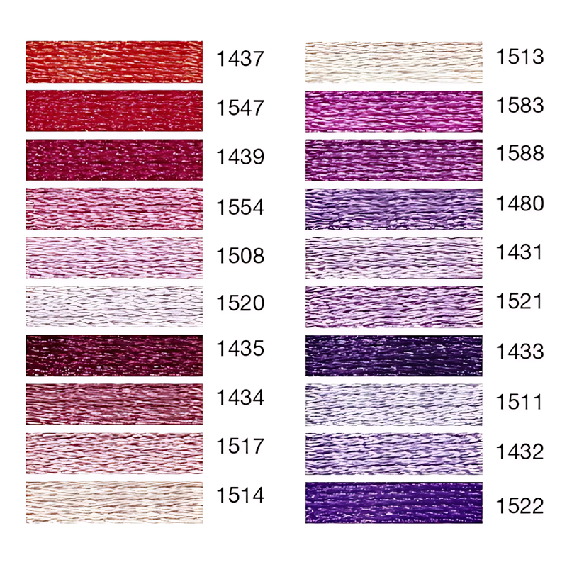 Colour swatch chart with shades of red, pink and purple.