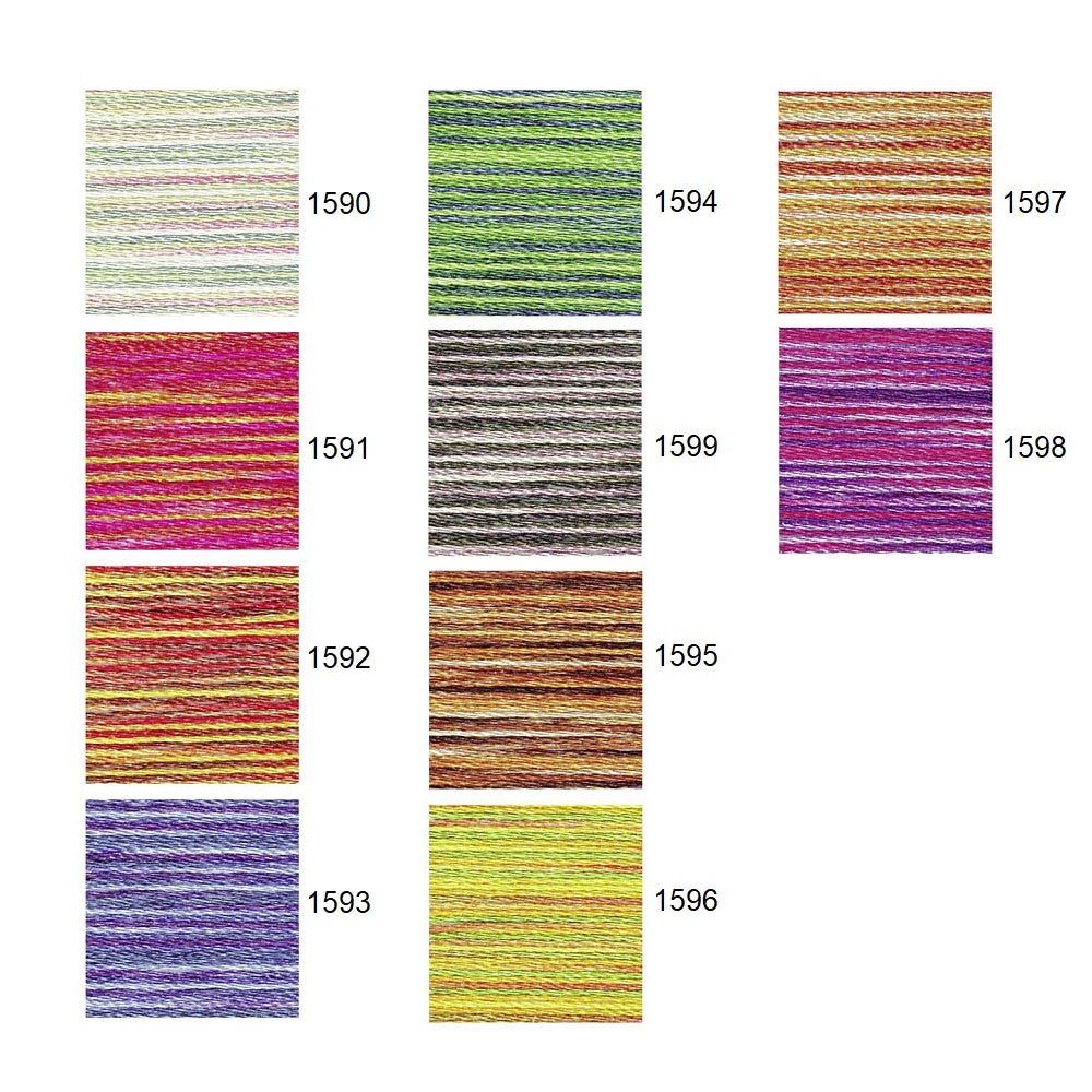 Colour swatch chart of variegated thread.
