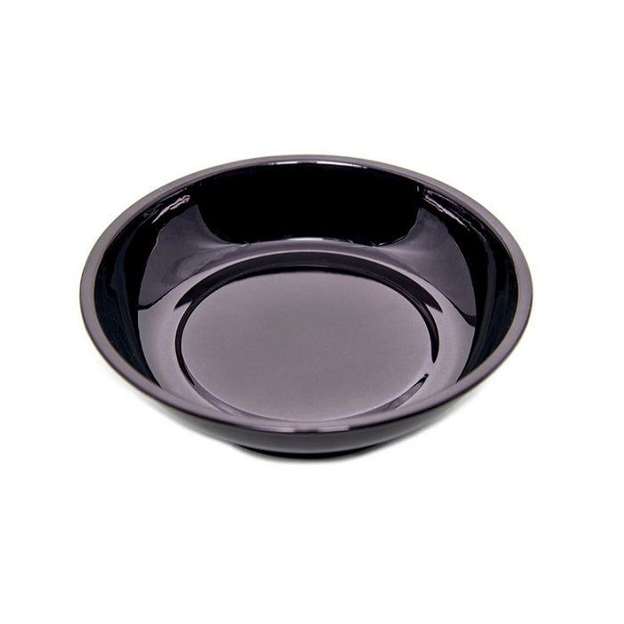 Round, glossy black magnetic pin dish.