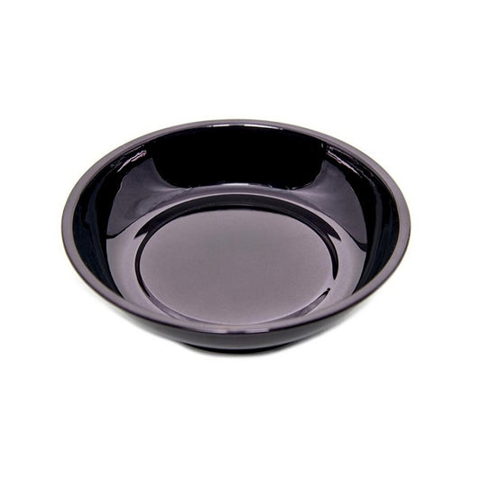 Round, glossy black magnetic pin dish.