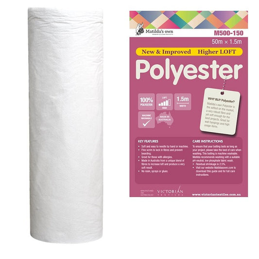 Roll of polyester batting with Matildas Own branding.