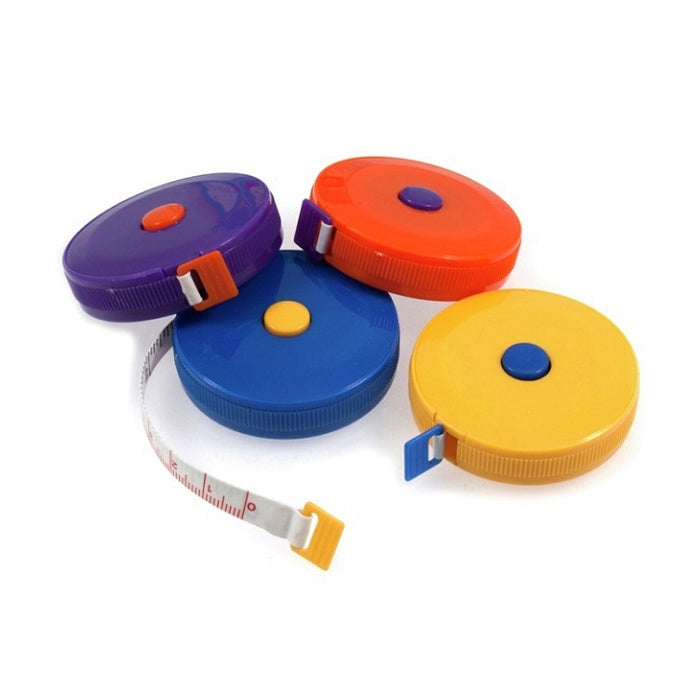 Four colourful retractable tape measures.