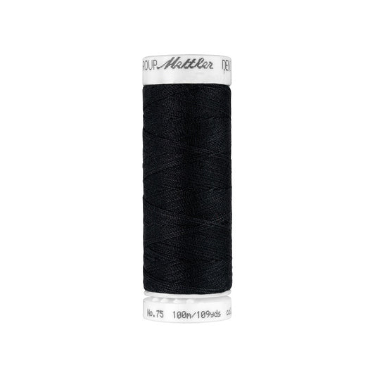 Spool of black thread with Mettler branding.