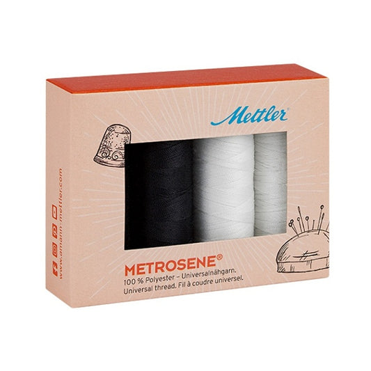 Mettler gift box with two spools each of black and white thread.