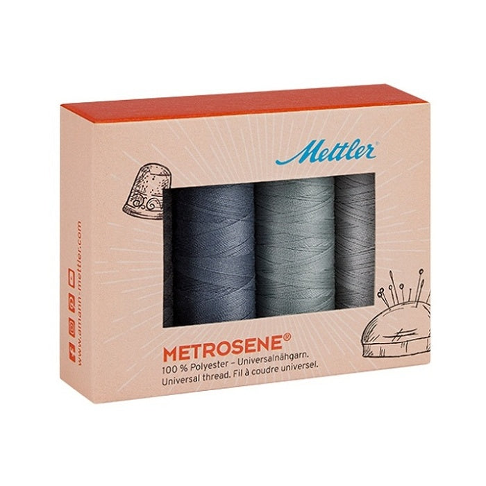 Mettler gift box with four spools of grey thread.