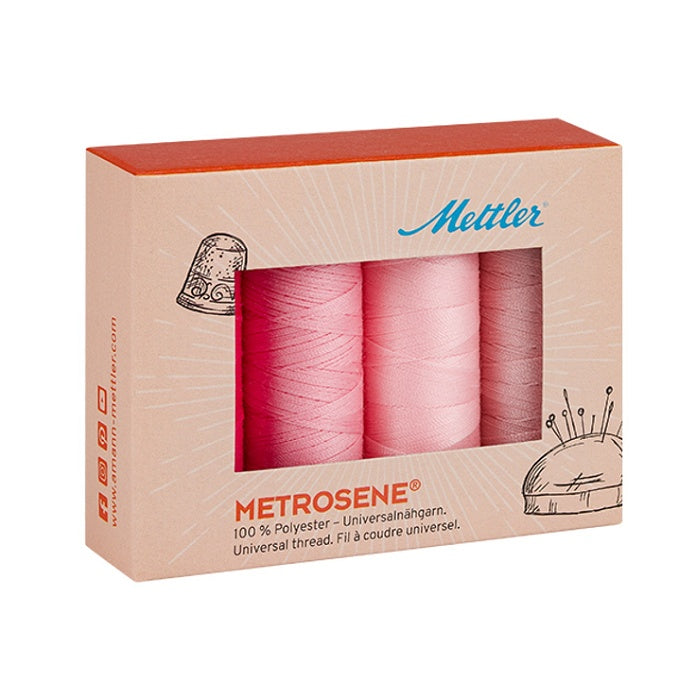 Mettler gift box with four spools of pink thread.