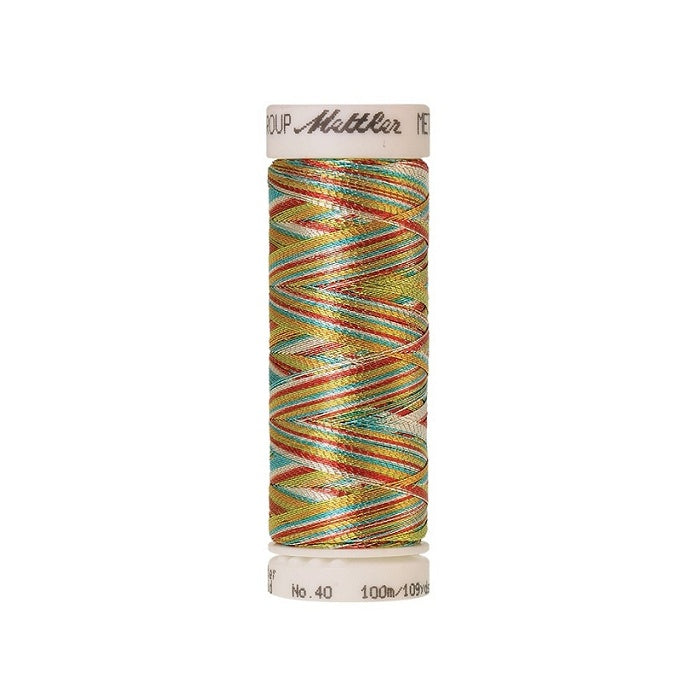 Spool of multi coloured metallic thread with Mettler branding.