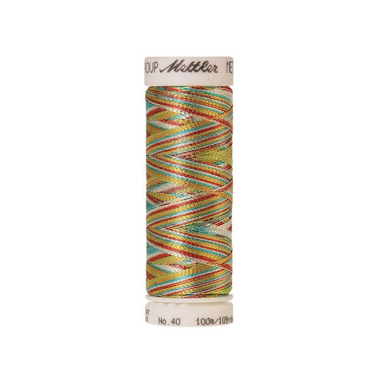 Spool of multi coloured metallic thread with Mettler branding.