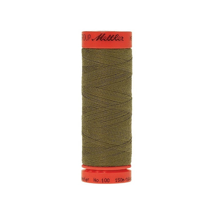 Spool of Mettler 150m olive green thread.
