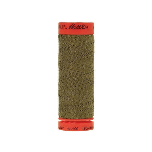 Spool of Mettler 150m olive green thread.
