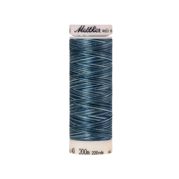 Spool of Mettler blue variegated thread.