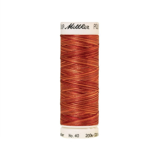 Spool of Mettler red and brown variegated thread.