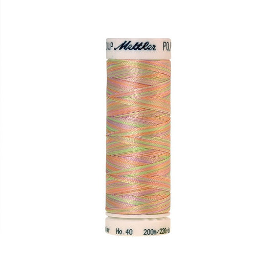 Spool of Mettler pink green and orange variegated thread.