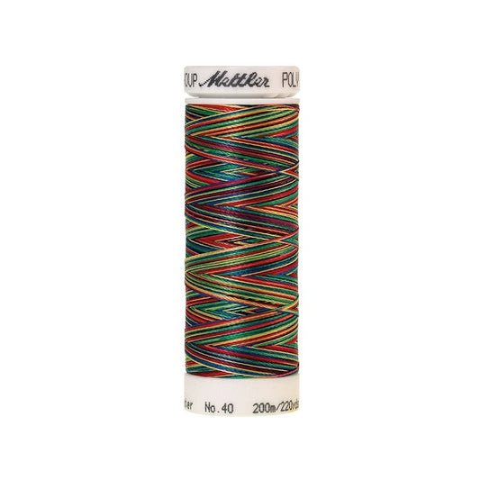 Spool of Mettler blue red and green variegated thread.