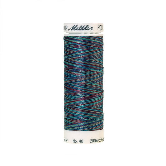 Spool of Mettler blue and purple variegated thread.