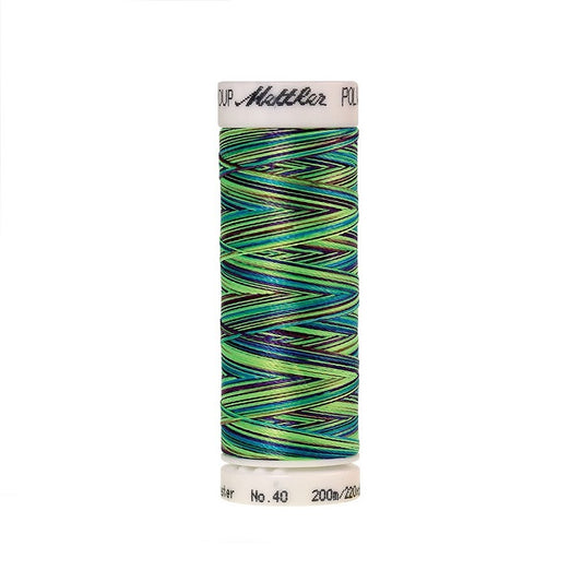 Spool of Mettler green and blue variegated thread.