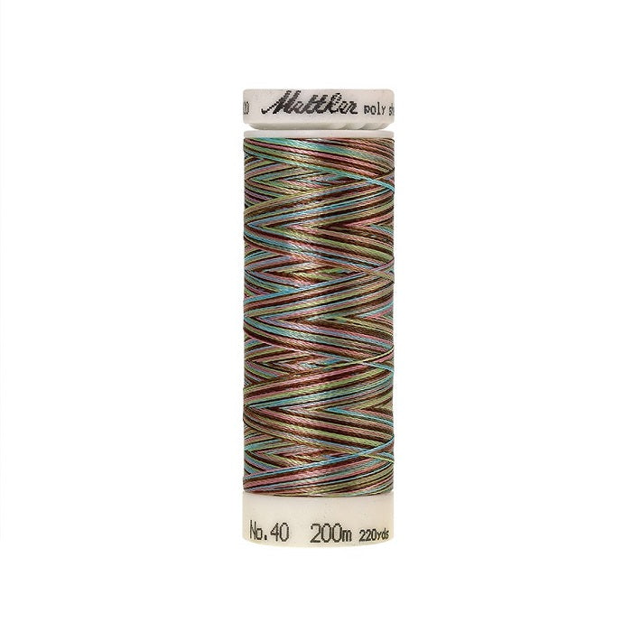 Spool of Mettler brown blue and green variegated thread.